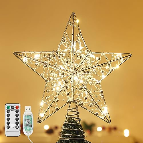 Lewondr Christmas Tree Topper, USB Powered Remote Controlled 11 Inch Beaded Star Light, 6H Timer for Xmas Tree Home Holiday Party Decor, Silver