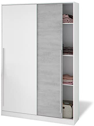 Indira Armoire 2 portes coulissantes avec étagères et tringle 200 x 120 x 50 cm (H x l x P) Blanc « Artik » et Ciment