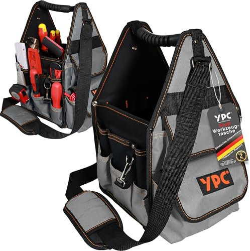 YPC Henchman Werkzeugkorb L – Offene Werkzeugtasche mit stabilem Boden, Wasserfest, Reißfest, Schultergurt mit Polster und Kunststoff-Handgriff, 15 Taschen, Grau-Schwarz, 46x23x23cm, 10 kg Tragkraft