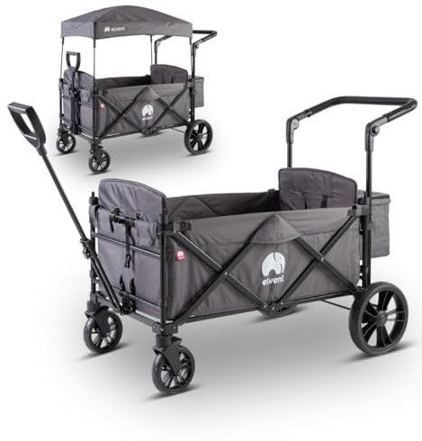 elvent® Allrounder City Bollerwagen - faltbar mit Dach | Sitzpolster, Hecktasche, Feststellbremse, 5-Punkt-Gurt I 2 Kinder (Grau)