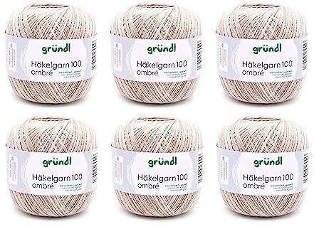 Gründl Häkelgarn 100 ombré (mercerisiertes Baumwollgarn zum Häkeln aus 100% Baumwolle, 100 g / 566 m, Nadelstärke: 1,5-2, 6 x 100 g), beige-grau