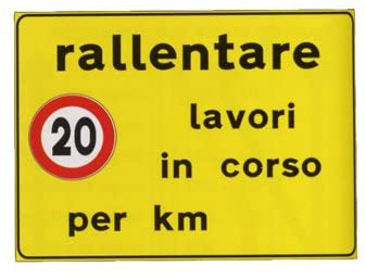 CARTELLO IN LAMIERA SCATOLATA RETTANGOLO 60X40 cm - Rallentare lavori in corso per km - SEGNALE CATARIFRAGENTE CON CAVALLETTO (CARTELLO)