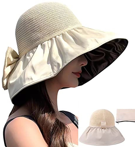 CLDURHGE Sonnenhüte für Frauen mit breiter Krempe, Sonnenhüte Damen Faltbar Lagerung Sommer Breite Krempe UV Schutz mit Kinnband Strandmütze Strohhut Outdoor -Beige