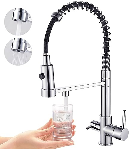 2 en 1 Grifo de Fregadero de Grifo de Cocina 3 Vías con Ducha extraíble, 360° Grifo Monomando de Cocina para Filtro de Agua, purificador de agua potable (Cromo)