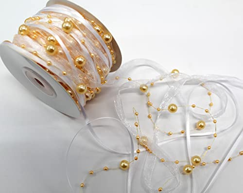 CaPiSo 15m Schleifenband mit Organza und 3 und 8 mm Perlen Perlenband Geschenkband Trendyband Perlen am Band (Apricot-Weiss)