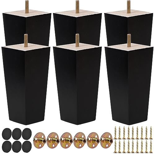 TCHOSUZ 4 Inch / 10cm Wooden Furniture Legs, Set of 6 Solid Wood Mid-Century Modern Pyramid Replacement Feet, Square Sofa Legs with M8 Bolts & Anti-Slip Pads for Sofa Ottoman Table Dresser Black