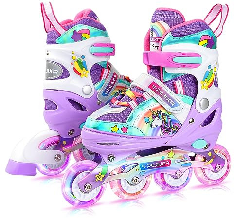 4-Pejiijar Einhorn Inliner für Mädchen Kinder Größen Verstellbar Mit Allen Leuchtenden Rädern Regenbogen Inline Skates für Anfänger Teenager Weihnachts und Geburtstags Geschenke, Violett, S(30~33)