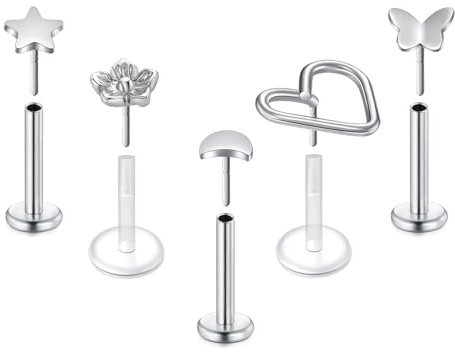 Briana Williams 5 Stück Lippenschrauben Labret 16G 8mm Tragus Rook Stange Schmetterling Stern Mond Mond Herz Blume Edelstahl Transparent Silber Piercingschmuck