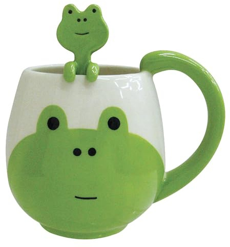 eKsdf Lustige Kaffeetasse Süß Froschdesign Teetasse mit Löffel 400ml Porzellanbecher Espressotasse Kakaobecher Geschenk Tasse Trinkbecher Frühstücktasse (Frosch)