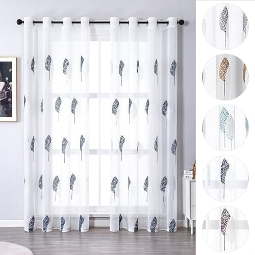 BYSURE Set di 2 tende ricamate con occhielli, in voile, motivo floreale, 140 x 175 cm, blu