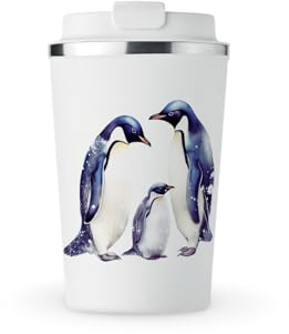MAXIKIWI – Isolerad dubbelväggig, läckagesäker rostfritt stål mugg, kaffe eller te rese tumlare med lock, håller drycker varma och kalla – pingvin paradis akvarell – 350 ml