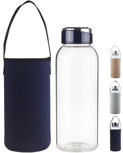 SHOW INGENUITY 1500ml Borosilicate Glass Water Bottle BPA Free Reusable Glass Drinking Bottle with Neoprene Sleeve and Stainless Steel Lid