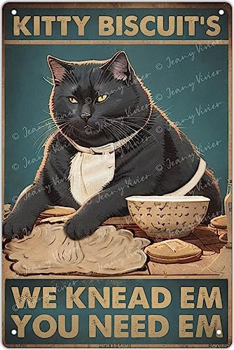 Kitty Biscuits We Knead Em You Need Em Retro Metal Tin Sign Vintage Sign for Home Bedroom Living Room Coffee Bar Tin Sign Cat Lovers Gift Christmas Birthday New Home Gift 12x8 Inch