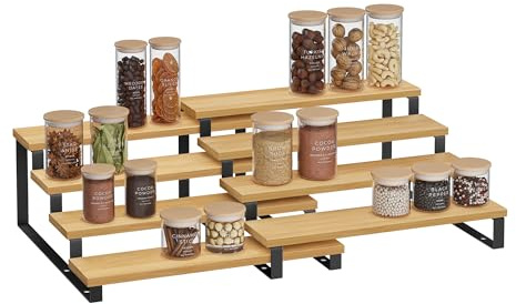 SONGMICS Gewürzregale, Küchenregale stehend, Küchen-Organizer, 2er Set, Holzwerkstoff, je 4 Ablagen, ausziehbar, stapelbar, für Speisekammer, Arbeitsplatte, naturbeige-tintenschwarz KCS216N01