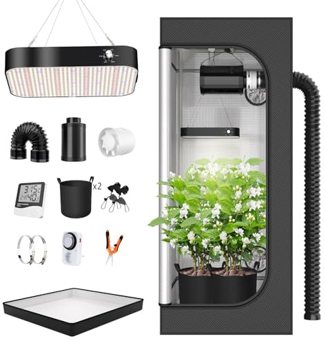 Growzelt Komplettset Anbau Set mit 200W LED Vollspektrum Grow Lampe Dimmbar, 60x60x160cm GrowZelt Kit Komplettes Hydroponics Grow Tent Complete Set(60x60x160cm)