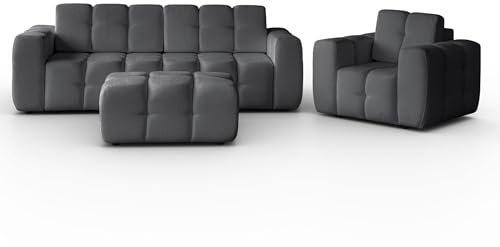 BEAUTY SOFA - Sofagarnitur: Sofa mit Schlaffunktion, Sessel, Fußhocker - Wohnzimmermöbel Set - Sofa Ausziehbar 240 cm breit - Moderne Möbel für Wohnzimmer - Samt - Raven 15