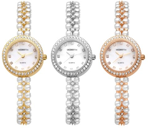 JewelryWe Orologio da donna con strass e perle, impermeabile, 30 m, con brillantini, analogico, al quarzo, elegante, piccolo, rotondo, casual, con cinturino in metallo sottile, Strass – Set da 3