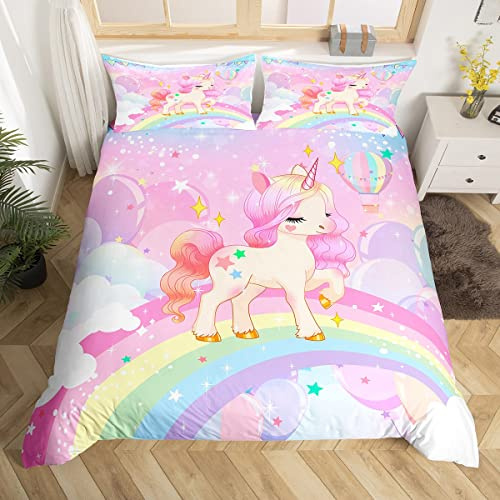 Homemissing Licorne Parure De Lit Kawaii Mignon Arc - en - Ciel Licorne Housse De Couette 220x240cm Dessin Animé Cheval Literie Set Enfants Galaxie Étoile Magique Rose Animaux Décoration