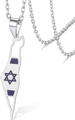 VASSAGO Israel Palestine Mappa Collana da Donna in Acciaio Inox Stella di David Collana Israel Palestine Hexagram Magen David Jewish Jewish Jewish (Collana con mappa d'argento)