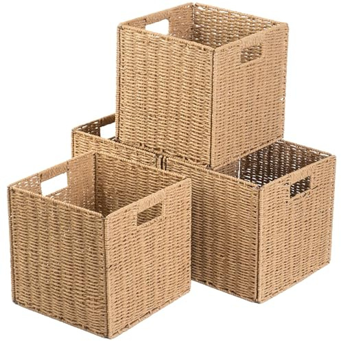 CYMFBSFBU Foldable Storage Cube Bins Set of 4, Paper Woven Square Baskets, Natural, 11 x 11 x 11
