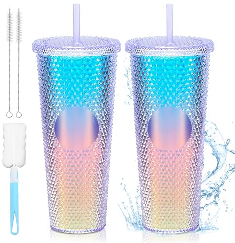 Borchie tazza con coperchio e cannuccia, 710 ml, 2 bicchieri con coperchio e cannuccia, tazza di paglia, bicchiere di plastica con coperchio e cannuccia con spazzola per la pulizia per succo di caffè