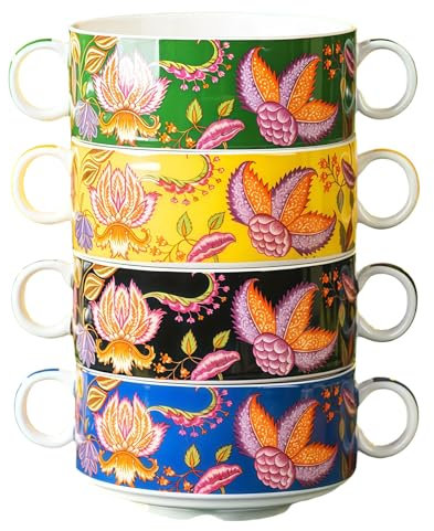 Dowbom Flower partten - Tazza da zuppa piccola da 500 ml, tazza da caffè in ceramica con manico (4 pezzi)