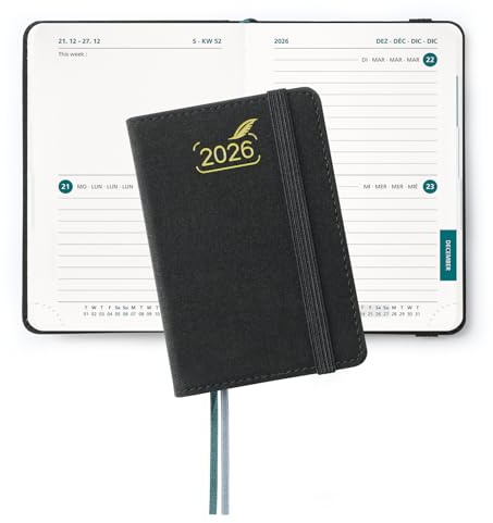 BEZEND Taschenkalender 2026 Klein A7 12 x 8 cm - 2 Tage pro Seite - Mini Terminplaner & Buchkalender 2026 mit PU-Leder Hardcover, Schwarz