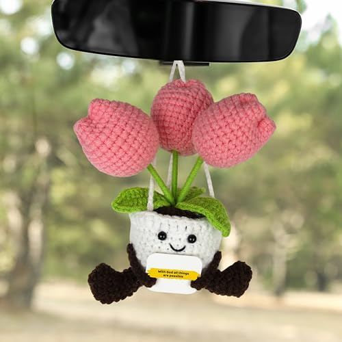 Positive Tulip Crochet Mirror Hanging Car, Potted Plants Crochet Rear View Mirror Accessories, Cute Car Accessories Women Interior, Ornaments Charms for Rear View Mirrors, Boho Decoration (with God)