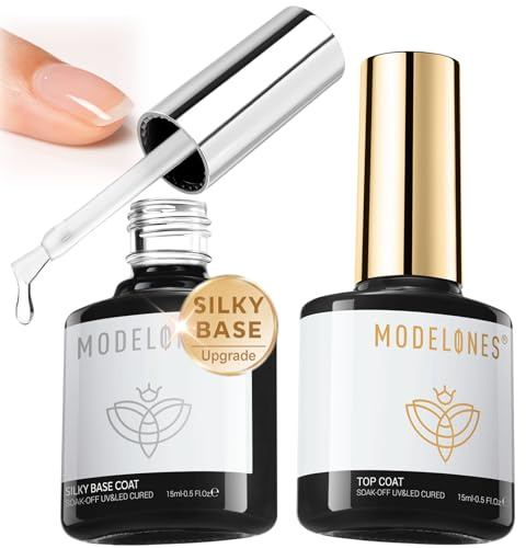 modelones Gel Nail Polish Top Base Coat Set, 15 ML Upgrade Silky Base and Extra Glossy Top Coat Clear No Wipe High Shine Gel Polish Soak Off U V LED Nail Art Home DIY Manicure Gift for Women Beginner