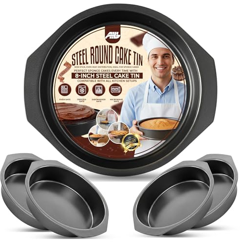 AHG 4 Pack 8-Inch Round Cake Tins – Non-Stick Carbon Steel Baking Pans for Sponge, Cheesecake & Desserts | Heavy Duty Bakeware Moulds for Oven, Freezer & Dishwasher Safe