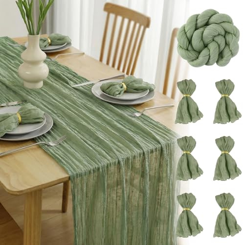 FALSKT Camino de Mesa Verde Salvia 300×90cm y 6 Servilletas con Anillos | Caminos de Mesa de Gasa Bohemia tapete mesa verde salvia camino mesa decoración para Interiores Bodas Fiestas cumpleaños