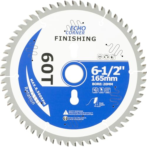 Echo Corner 6-1/2 Inch (20mm Arbor) Plunge Track Saw Blade, 16mm & 1/2 Arbor Ring, Non-Stick Coating, 60-Tooth, Fine Finish Crosscut Framing Wood Plywood Plastic Veneer Wet Lumber Laminate (Classic)