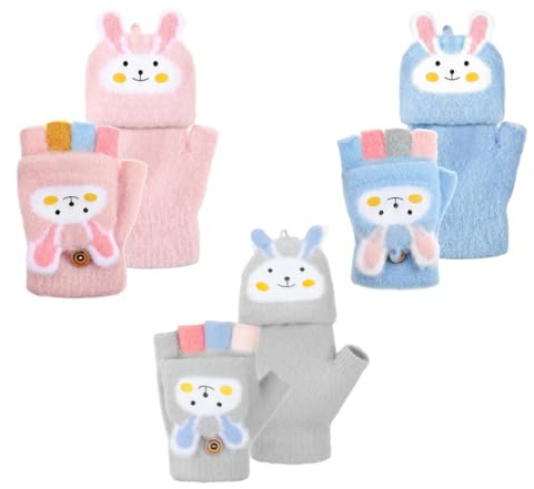 ROKZELT Guanti Bambini, 3 Pairs, Guanti Senza Dita Invernali Caldi Convertibili Fodera in Maglia morbidi ed elastici per Bambini Ragazzi Ragazze