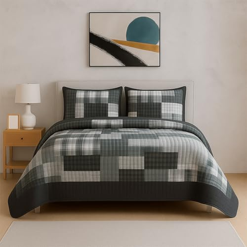 Rugs Inn Quilt Patchwork Bedspread 2 Piece Set – Coverless Quilted Bedspread, Reversible, Lightweight Quilt Comfort with 2 Pillow Sham (Denim Grey, Double)