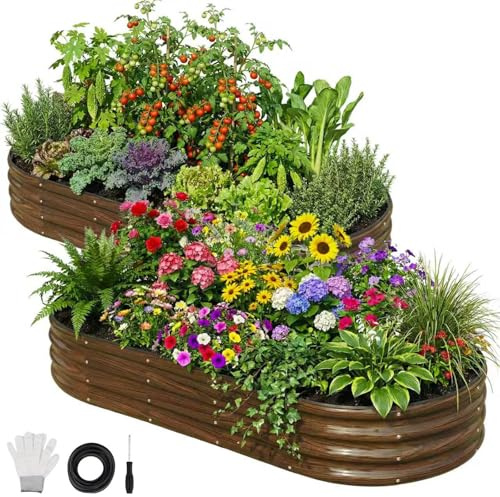 SnugNiture Steel Raised Garden Bed 2Pcs 180 x 90 x 30cm Oval Bottomless Metal Planter for Outdoor Vegetables, Flowers & Herbs, Wood Grain,Brown