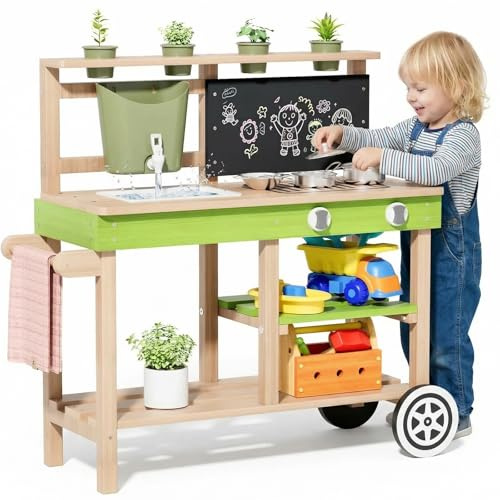 MAMIZO Cocina de Jardín Infantil Exterior de Madera, Cocina de Juguete con Ruedas, Grifo Funcionante, 4PCS Maceteros, Pizarrón, Estanterías y Accesorios, 88,5x33,5x85 cm, para Niños +3 Años