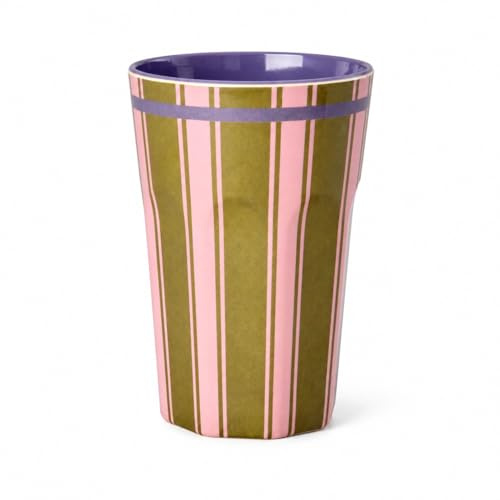ReWu RICE - Tazza grande in melamina, 400 ml, leggera, con motivo a righe, senza BPA, lavabile in lavastoviglie, stabile tazza per colazione, picnic, campeggio e vita quotidiana, verde oliva, rosa