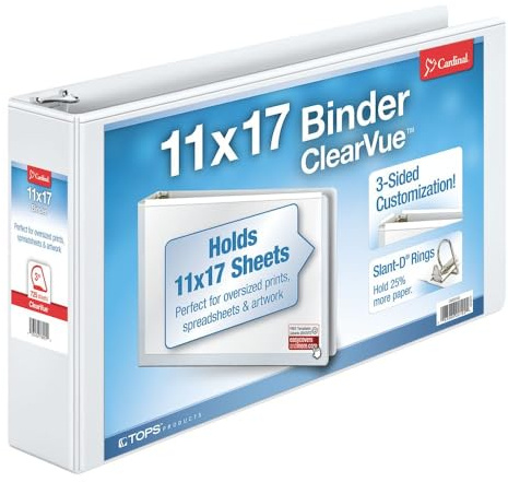 Cardinal® Slant-D® Ring 11 x 17 Tabloid ClearVue™ Binders, 3 Rings, 63% Recycled, White