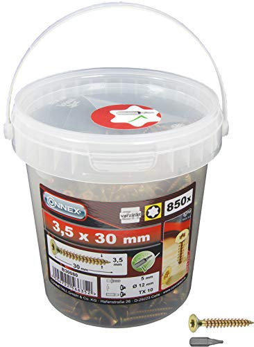 Connex Universalschrauben 3,5 x 30 mm - 850 Stück im Set - Senkkopf - TX-Antrieb - Vollgewinde - Gelb verzinkt - Inkl. Bit / Schrauben-Set / Schrauben-Eimer / B30080