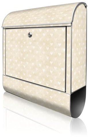 banjado Design Briefkasten 38,5x46,5x13cm & 2 Schlüssel - Briefkasten Stahl Silber mit Zeitungsfach pulverbeschichtet - Postkasten A4 Einwurf inkl. Montagematerial - Motiv Beige Herzen