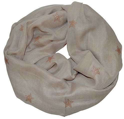 thb Richter XXL Damen Herren Loopschal Sterne mit Glitzer Glitzerstern Weich Soft Schals Loop Schlauchschal Rundschal Stern Star Baumwolle Stars (Beige)
