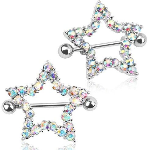 CrazyPiercing 1Pair Rhinestone Paved Star Nipple Piercing Rings Barbells 14Gauge (AB Colorful)