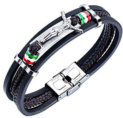 Joielavie Armband für Herren aus Leder Stahl Motiv Jesus Kreuz Kruzifix christlich religös mehrere Reihen gewebt Schmuck