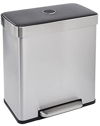 Amazon Basics Rechteckig Recycling-Mülleimer mit 2 Fächern, 60 l, Silberfarben