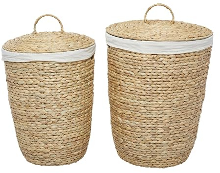 Deco 79 Grandes poignées, organisation, panier à linge, rangement de couvertures, jacinthe d'eau, brun clair, S/2 58,4 cm, 63,5 cm de hauteur