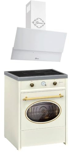GURARI Induktions Standherd GCH E 612 Cr r + GCH D 268 WH 6 Prime, Retro Induktionsherd 60 cm, Range Coocker, 60 L, Creme + Dunstabzugshaube, Wandhaube, Kopffrei Haube, Weißglas Abluft/Umluft