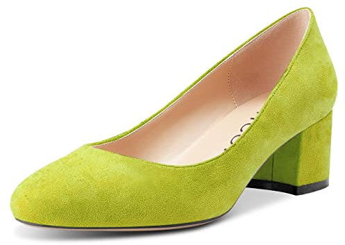 Aachcol Mujer Chunky Ancho Medio Bajos Heel Pumps Slip-on Redonda Punta Dress Zapatos Oficina Fiesta de Boda Ante Verde Lima 5 CM 38 EU