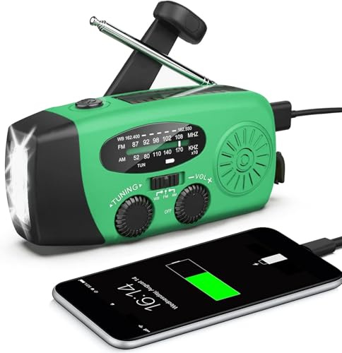 Radio d'urgence Solaire, à manivelle, Auto-alimentée, avec éclairage de Lampe de Poche LED, Alarme SOS avec AM/FM, Batterie de 2000 mAh pour Recharge d'urgence du Smartphone, Verte