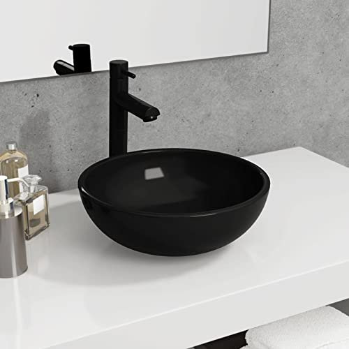 ZHOUMIN Lavabo, lavabo à poser, lavabo à poser, lavabo à poser, meuble de salle de bain, évier de salle de bain, verre trempé 35 x 12 cm Noir