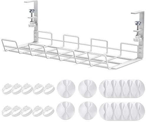 No Drill to Desk Cable Management Tray, 1 PCAK Cable Racks Under Desk Cable Organizer for Wire Management, Sturdy Metal Cable Tray Basket for Office and Home Standing Desk-White